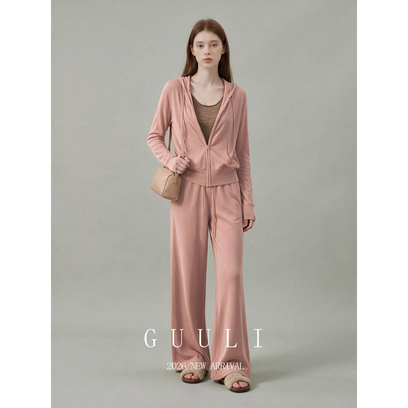 Early Autumn Outfit: Pink Hooded Knit Top and High-Waisted Wide-Leg Pants, a Complete Autumn Outfit with a High-End Feel, Women's Clothing Set Early Autumn Outfit: Pink Hooded Knit Top and High-Waisted Wide-Leg Pants, a Complete Autumn Outfit with a High-End Feel, Women's Clothing Set