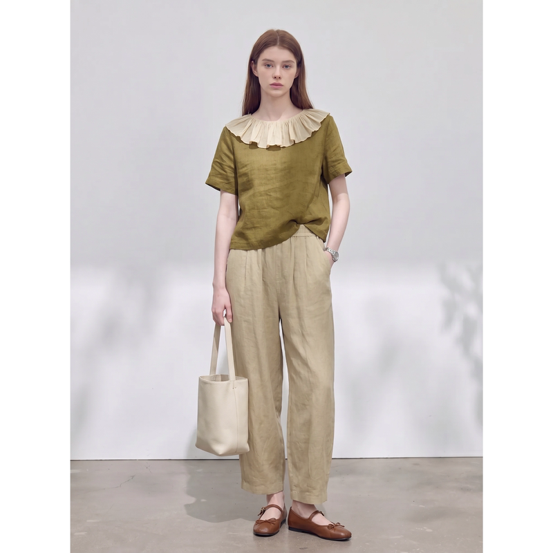 Green Ruffled Short-Sleeved Top and Wide-Leg Pants Korean Style Chic Complete Set Super Pretty Relaxed Outfit Women's Summer Green Ruffled Short-Sleeved Top and Wide-Leg Pants Korean Style Chic Complete Set Super Pretty Relaxed Outfit Women's Summer