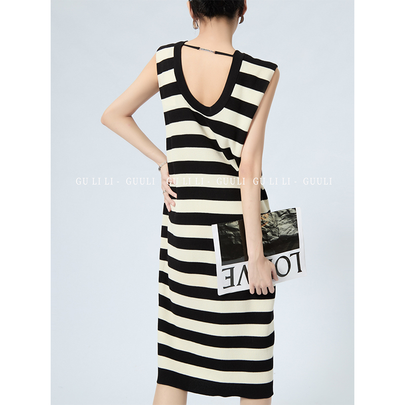 Guuli/No-Sleeve Black and White Striped Dress 2026 New Women's Summer Round Neck Dress Slimming and Elegant