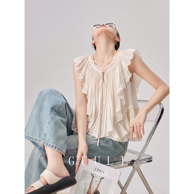 French Resort Style Ruffled Pleated Lace-Up Small Flutter Sleeve Top, Stunning Thai Camisole, Summer Women's Clothing French Resort Style Ruffled Pleated Lace-Up Small Flutter Sleeve Top, Stunning Thai Camisole, Summer Women's Clothing
