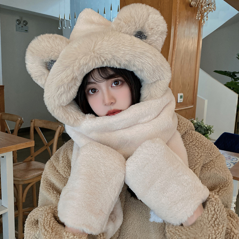 Small Bear Scarves Hat All-female Winter Warm Cute Round Neck Winter Even Hat Autumn Winter Plush Three Sets Gloves