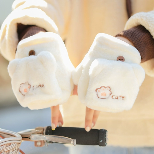 Бархатные перчатки, зимний милый удерживающий тепло демисезонный флисовый комплект для школьников, в корейском стиле, увеличенная толщина, без пальцев