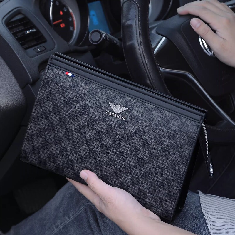 2026 New Genuine Leather Men's Clutch Bag Large Capacity Handbag Fashionable Casual Envelope Bag Plaid Clutch Trendy
