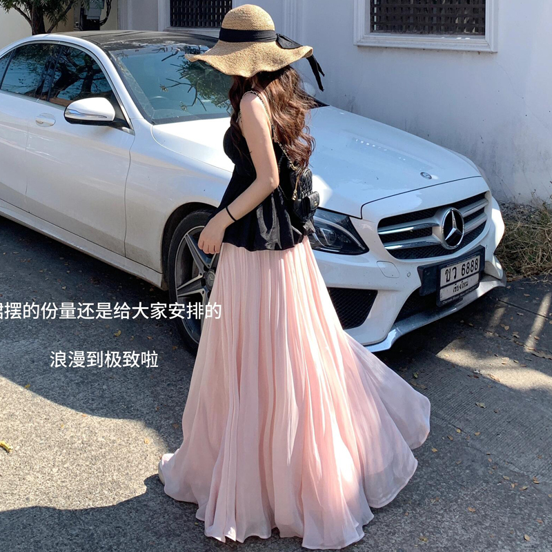 Romantic and Elegant Pink Flowing Gauze Skirt for Women, New Summer Style, Slimming and Drapey, Large Hem A-Line Long Skirt