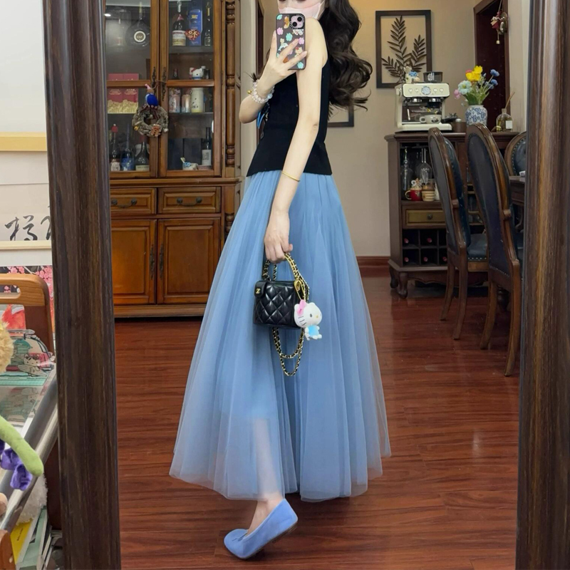 Temperament, Age-Reducing and Drapedy Blue Classy Mesh Skirt for Women, Summer High-Waisted, Hip-Covering, Slimming Look, Large Hem A-Line Long Skirt Temperament, Age-Reducing and Drapedy Blue Classy Mesh Skirt for Women, Summer High-Waisted, Hip-Covering, Slimming Look, Large Hem A-Line Long Skirt