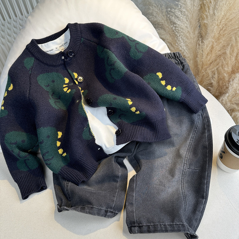 Boys' Cardigan Sweater, Spring and Autumn Style, 2026 New Model, Cool Children's Top, Baby Boy Spring Outfit, Dinosaur Knit Jacket
