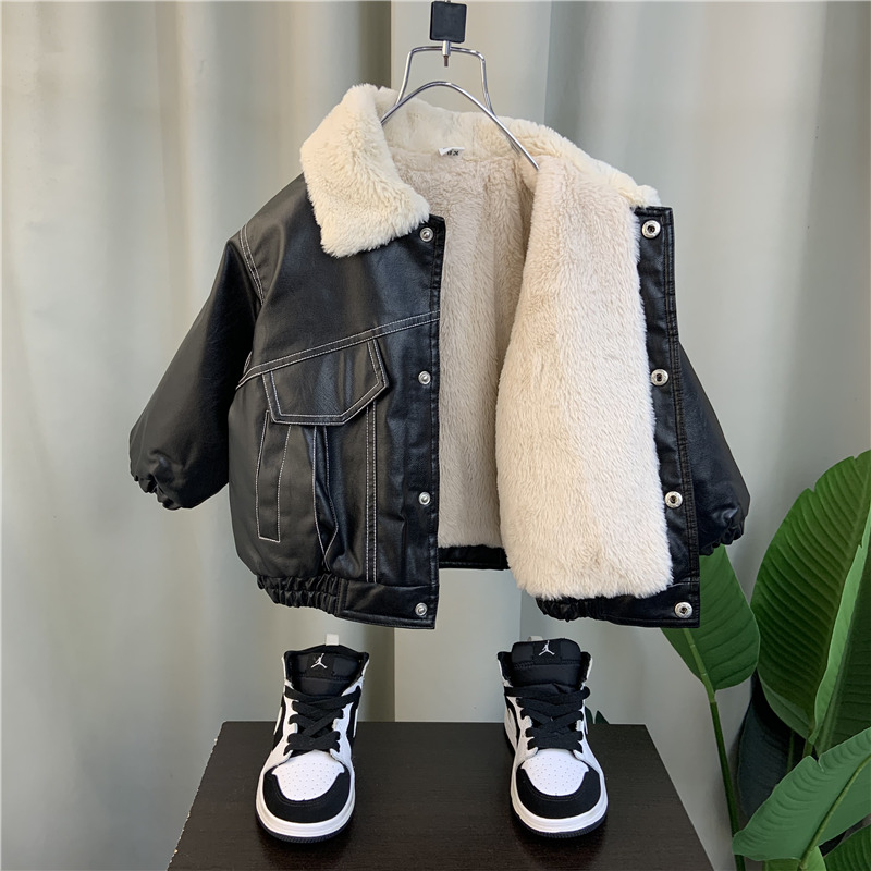 Boy's leather clothes 2023 new cool looking baby Winter gush cotton clothes Children autumn winter clothing Thickened Jacket Jacket-Taobao