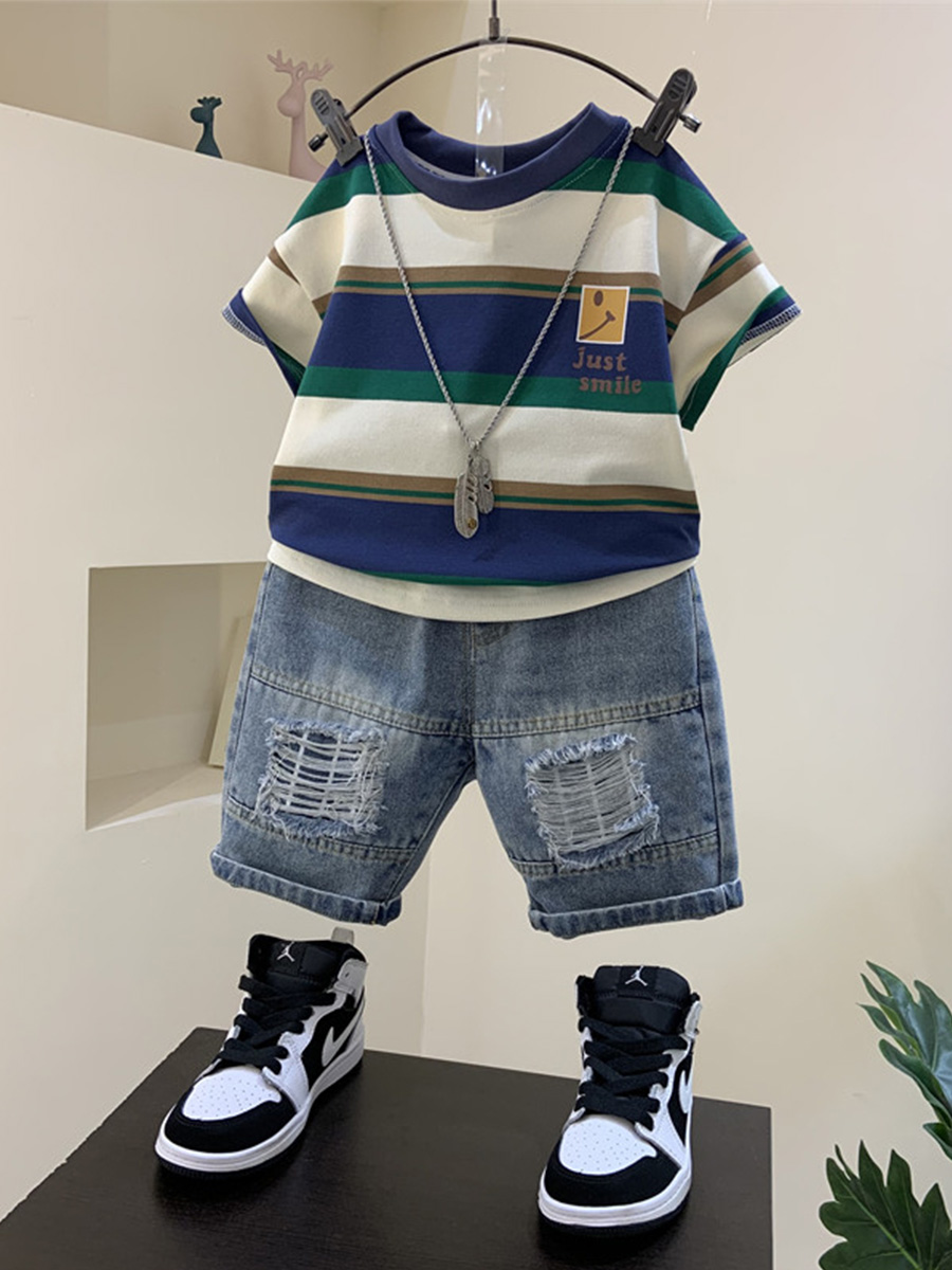 <!--男童夏装套装2024新款洋气儿童夏季短袖衣服痞帅男孩宝宝炸街童装-->