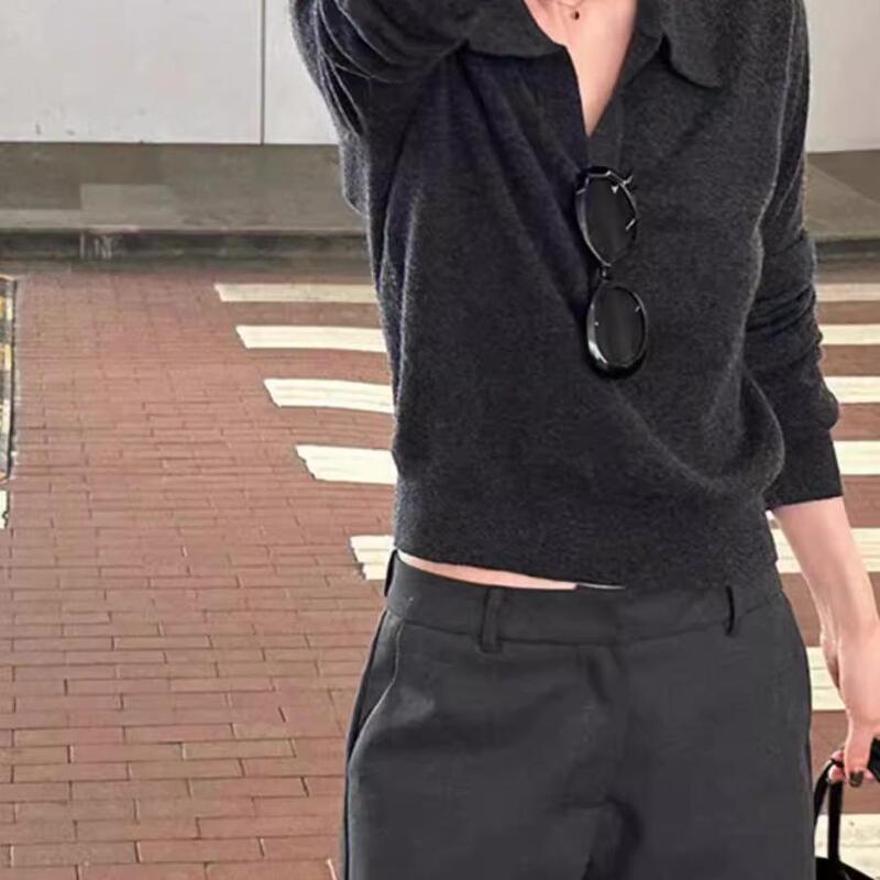 French-Style Old Money Style Polo Collar 100% Pure Wool Sweater for Women, Autumn and Winter Casual Turn-Down Collar Knitted Base Shirt, Short Sweater