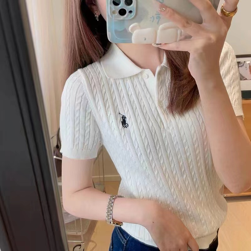 Old Money Style Embroidered Pony Design Niche Fine-Spun Yangzi Yarn Wool Twist Short-Sleeve Polo Collar T-Shirt for Women, Casual and Versatile Old Money Style Embroidered Pony Design Niche Fine-Spun Yangzi Yarn Wool Twist Short-Sleeve Polo Collar T-Shirt for Women, Casual and Versatile