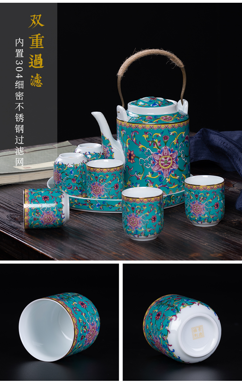 Cool colored enamel kettle sets jingdezhen ceramic household of Chinese style old archaize large - capacity cold pot teapot