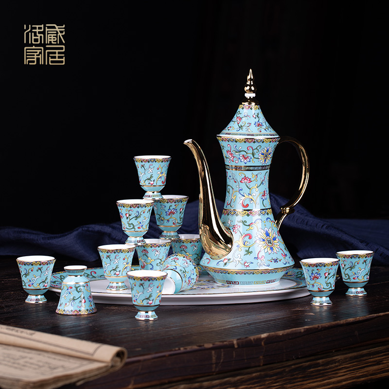 Jingdezhen colored enamel household of Chinese style of high - grade ceramic wine bottle wine suits for liquor liquor cup small a small handleless wine cup, gifts