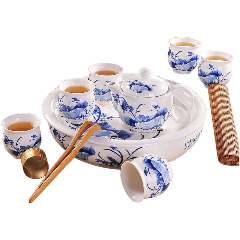 Blue and white porcelain tea set household circular contracted jingdezhen ceramic cup teapot with tea tray of a complete set of kung fu