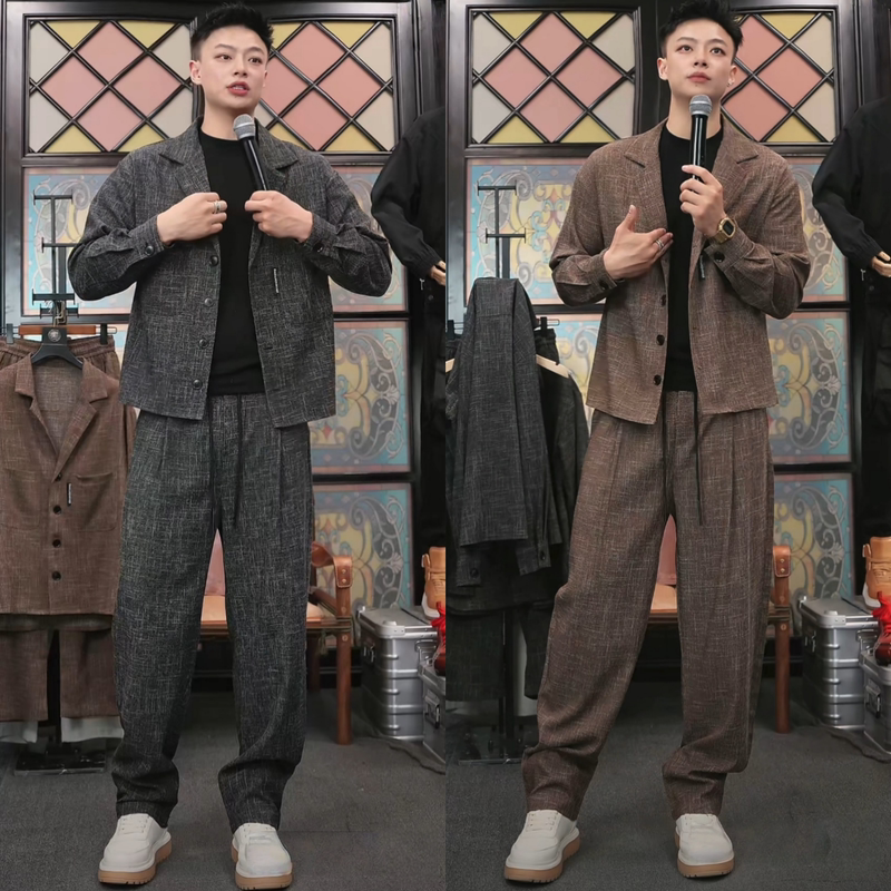 Spring New Style Old Money Style Men's Suit, Light Luxury Temperament Suit with Buttoned Collar, Drapey Long Pants Two-Piece Set