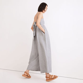 American elegant cotton and linen bow tube top high waist wide version suspender jumpsuit culottes ມີ 2 ສີ ຂະໜາດໃຫຍ່