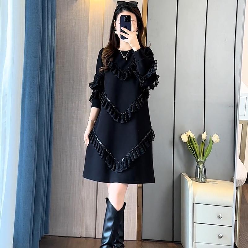 2026 Spring New Fashion Style Elegant High-End Ruffle Edge Splicing Youthful Slimming Mid-Length Long-Sleeve Dress