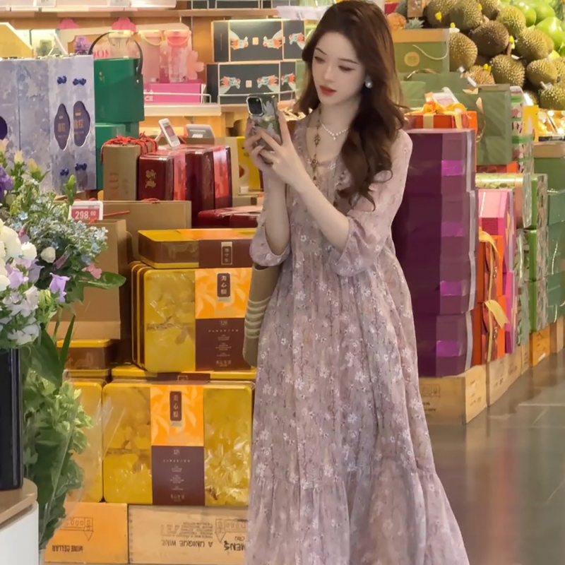 2026 Summer New Fashion Style, Light Luxury, Lazy Style, Loose and Slimming Dress, Three-Quarter Sleeve Mid-Length Dress