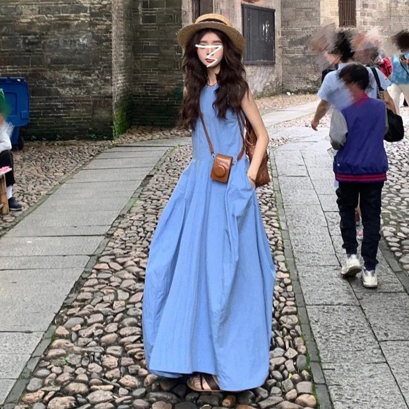 Blue Sleeveless Vest Dress for Women, Summer 2025 New Style, French Seaside Vacation Style, Slimming and Stunning Long Dress