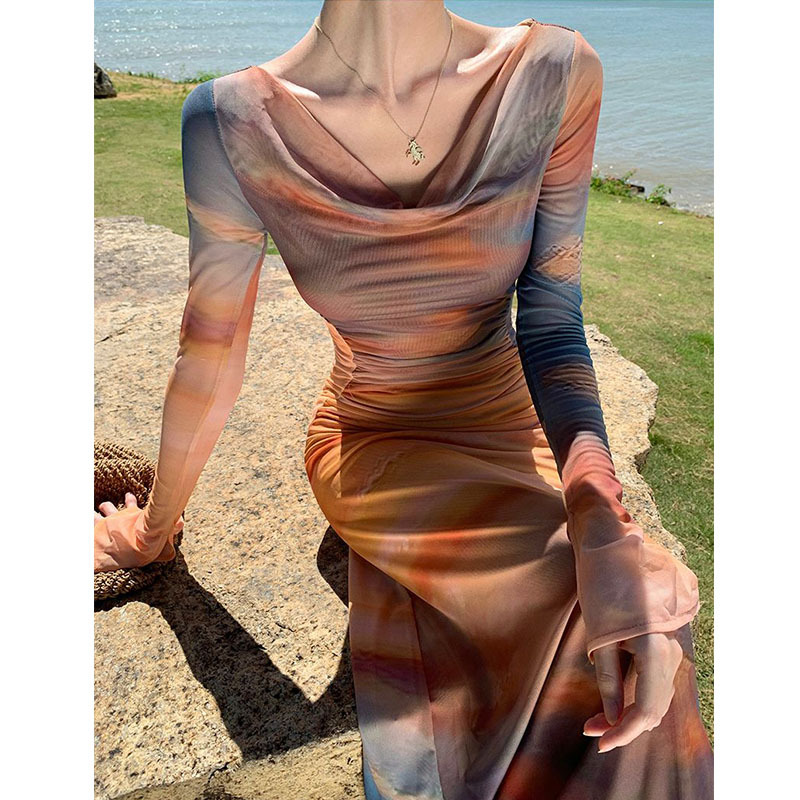 Tie-Dye Printed Swing Collar Mesh Dress for Women