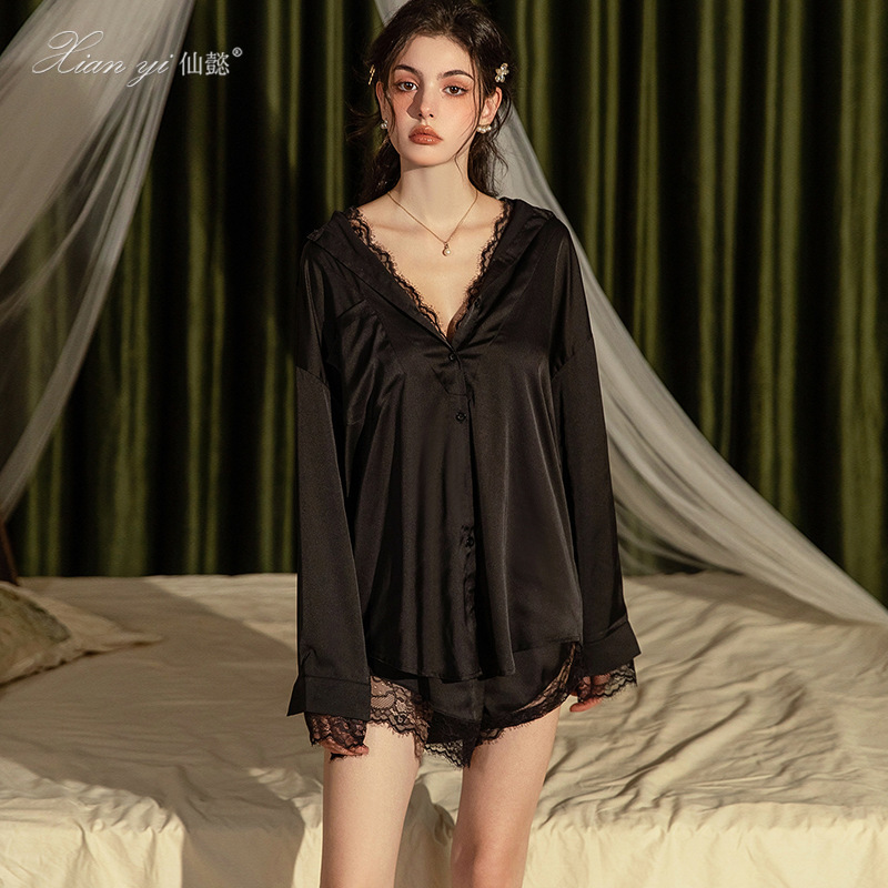 Sexy Women's Lace Long-Sleeve Sleepwear, Pure Desire Boyfriend Style Loose White Shirt Nightgown Loungewear Set