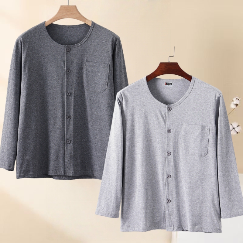 Elderly Men's Cardigan Autumn Long-Sleeve Top Pure Cotton Dad's Front-Buttoned Single-Piece Spring and Autumn Base Layer Loungewear for Men