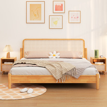 Solid wood rattan bed simple bedroom solid wood bed 1 5m 1 8m Nordic double bed Japanese style wabi-sabi style bed and breakfast