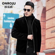 Mink fur collar leather wool one stand lapel sheep cut coat mens short winter wear down jacket Haining fur coat