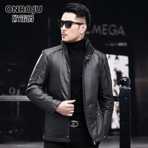 Haining leather mens first layer of cowhide down jacket stand collar slim 2021 Winter leather jacket casual jacket