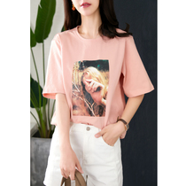 U Home short sleeve printed T-shirt female 2021 summer New loose Korean Pink Port flavor fashion ladies coat tide