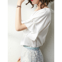 UJIA graceful lotus leaf sleeve solid color round neck loose shirt female 2021 summer new short sleeve temperament Joker top