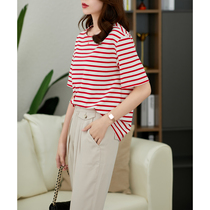 U Home Red Stripe Short sleeve T-shirt female 2021 summer new Korean version loose temperament base half sleeve top