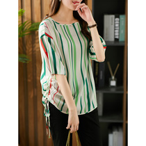 U Home thin short sleeve shirt Womens 2021 spring summer New Port wind age reduction vertical stripe Half sleeve ladies shirt