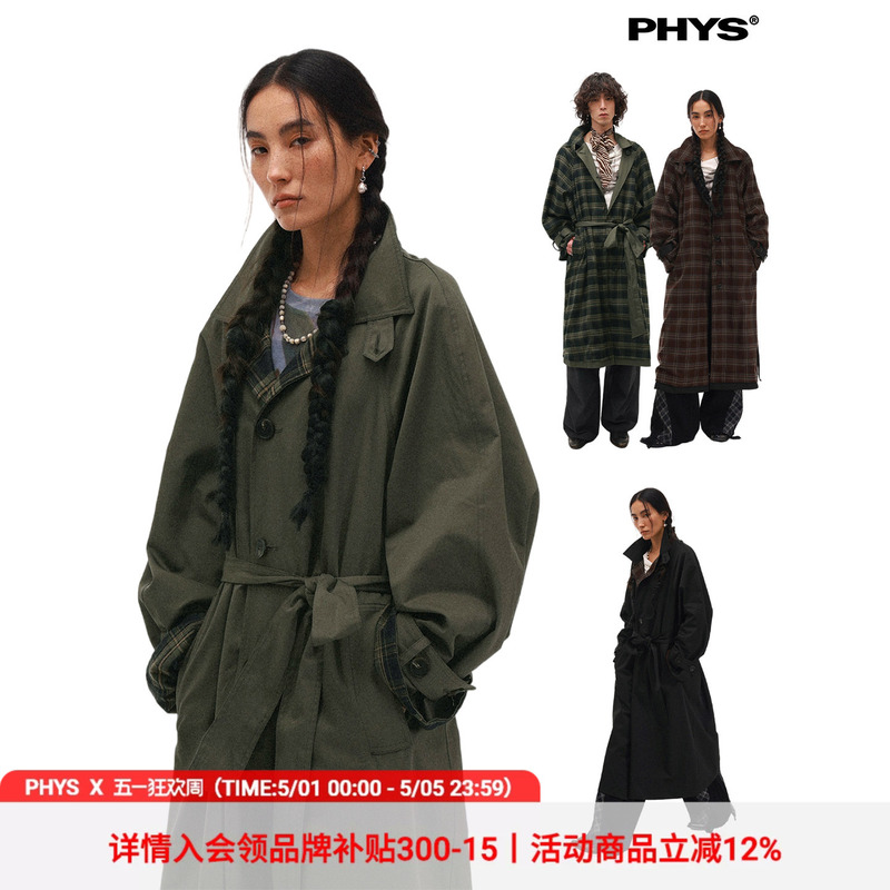 Physics Boy's Double-Sided Vintage Travel Style Reversible Plaid Lining Drop Shoulder Relaxed Fit Lapel Mid-Length Trench Coat