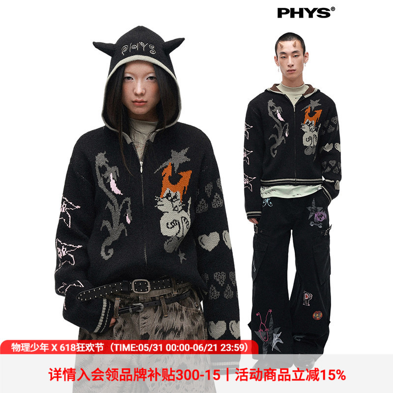 Physics Boy "Weird Meow Meow" Anti-Pilling Fadino Velvet Heart Monster Cat Hand-Painted Fitted Hooded Knit Jacket