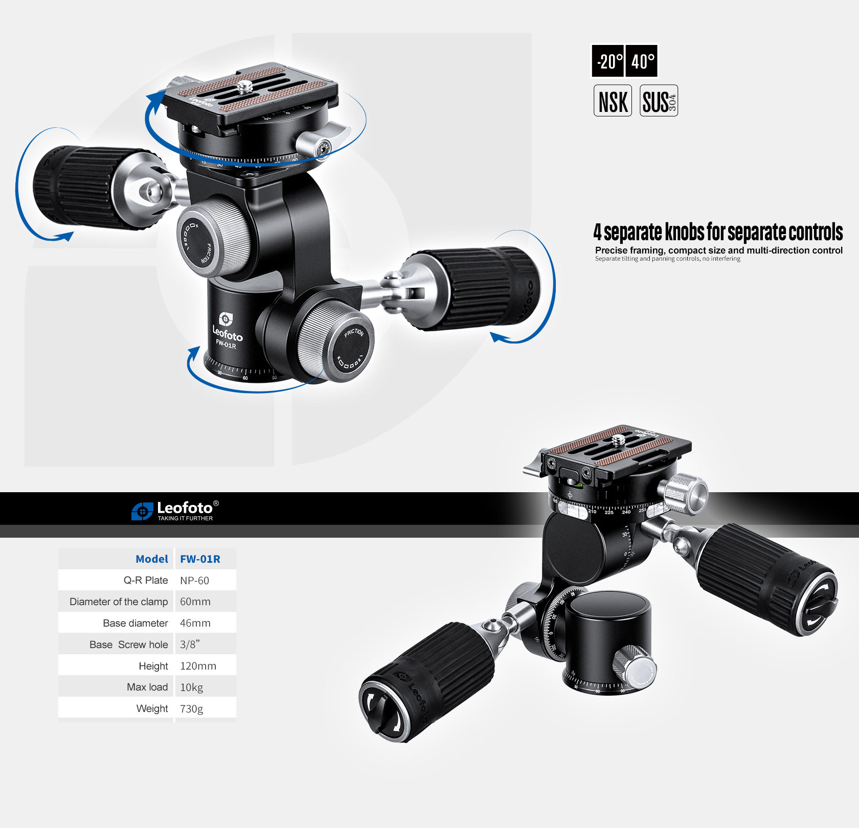 Leofoto FW-01R 4-Way Head Pan-and-Tilt Head Tripod head with NP-60 