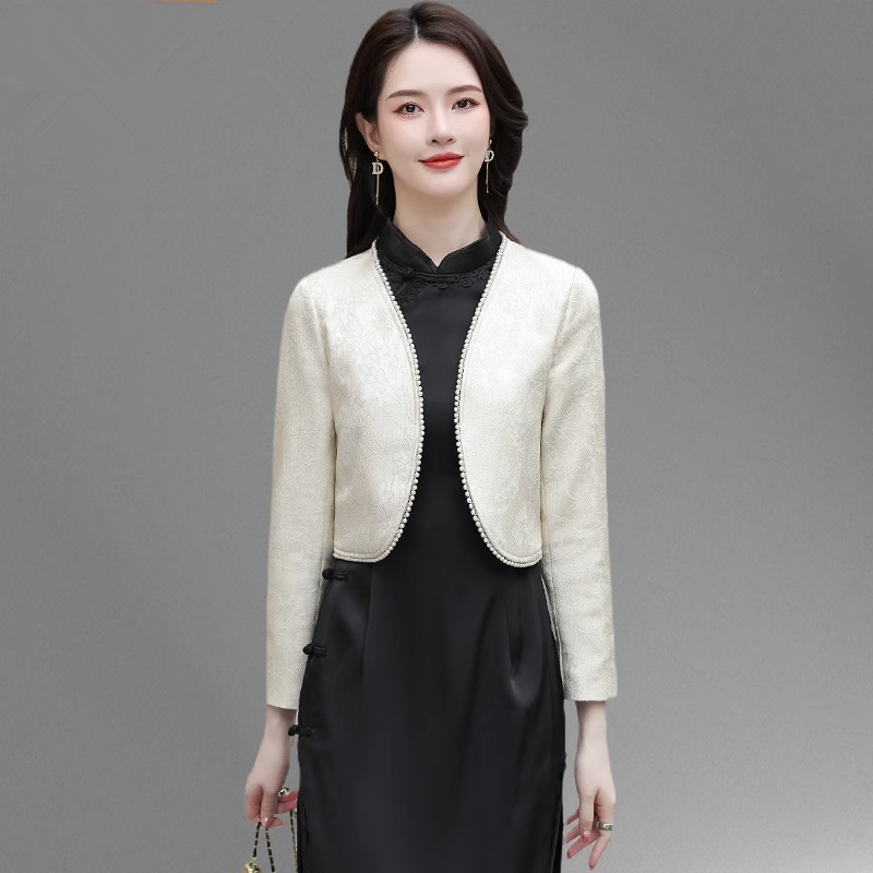 Short Cardigan to Wear with a Cheongsam Dress, Women's Short Spring and Autumn New Style, High-Waisted, Slimming, Collarless Shawl Jacket