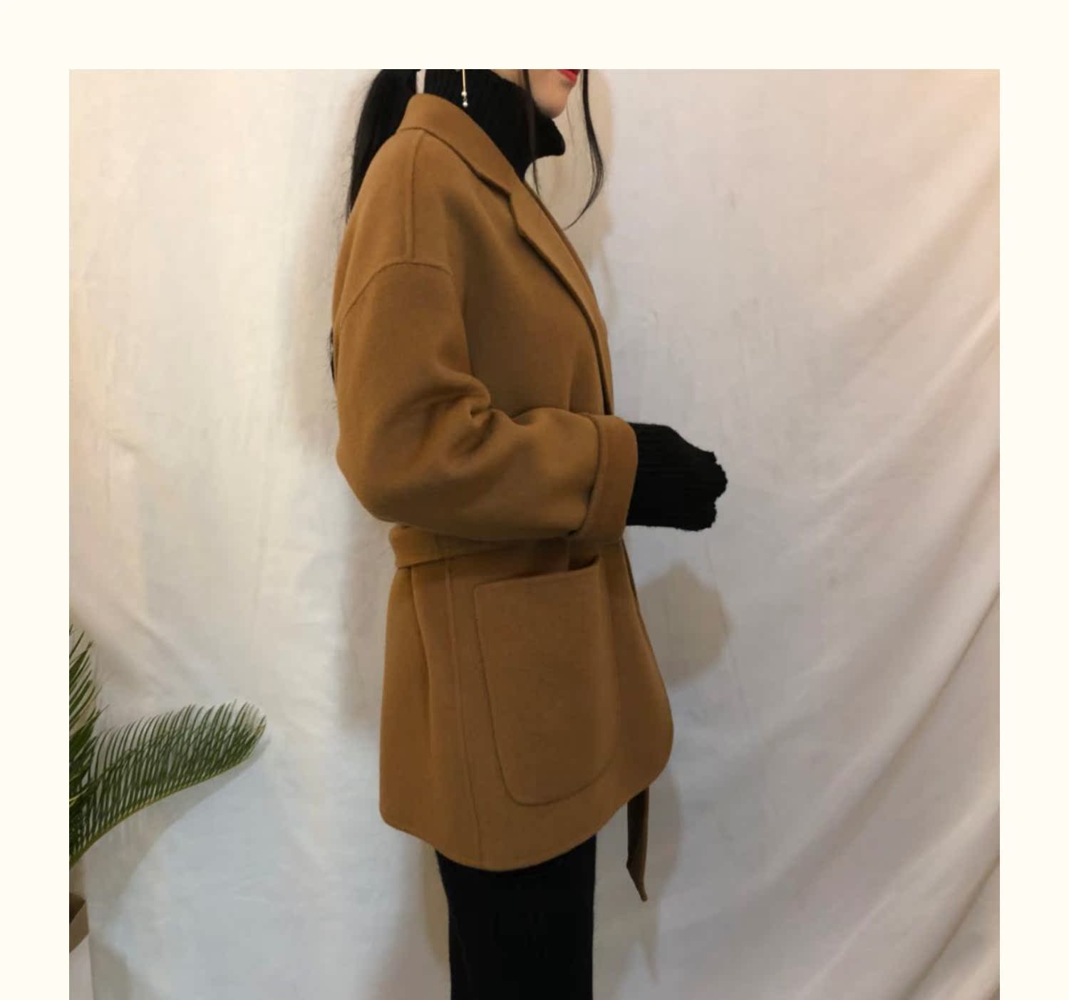 Hàn Quốc Dongdaemun đích thực mùa thu và mùa đông mới màu rắn retro túi lớn giản dị hai mặt áo len khâu tay nữ - Accentuated eo áo mẫu áo dạ ngắn