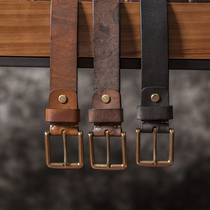 American retro handmade leather belt strap minimalist casual doing old plant tannic leather needle mens pants belt pure copper buckle