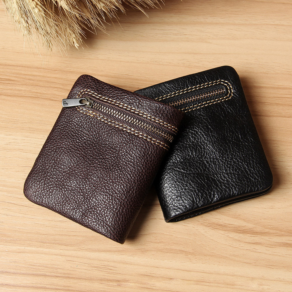 Handmade Small Wallet Men's Mini Leather Ultra-thin Wallet Leather Men's Wallet Women's Short Vertical Zipper Wallet