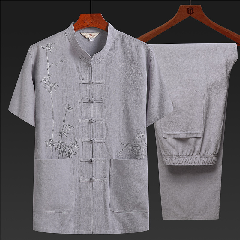 Pure Cotton Short-Sleeved Thin Tang Suit Men's Set Ethnic Style Dad Outfit Hanfu Chinese Style Embroidered Casual Loose Shirt Pure Cotton Short-Sleeved Thin Tang Suit Men's Set Ethnic Style Dad Outfit Hanfu Chinese Style Embroidered Casual Loose Shirt