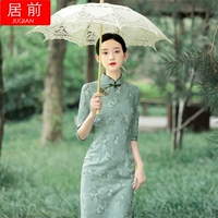 Длинное ципао, летнее платье с коротким рукавом, легкий ароматизированный чай, из хлопка и льна, средней длины, цветочный принт