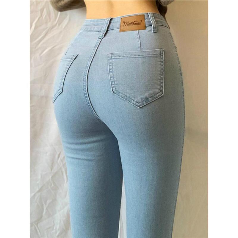 Plus-Size European and American Style High-Waisted Peach-Butt Elastic Light Blue Denim Pants for Women, Slim-Fit, Hip-Hugging, Skinny Pencil Pants