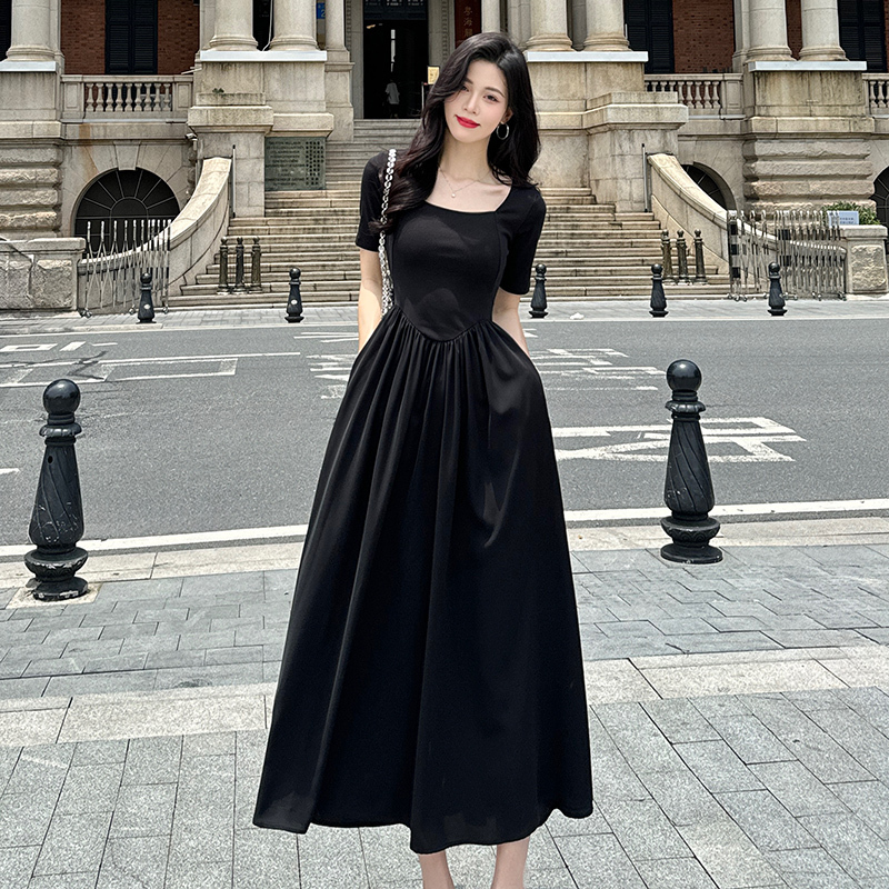 Black Modal Cotton Spliced Chiffon Dress for Women 2026 Spring and Summer French Square Neck T-Shirt Long Dress High-End Dress