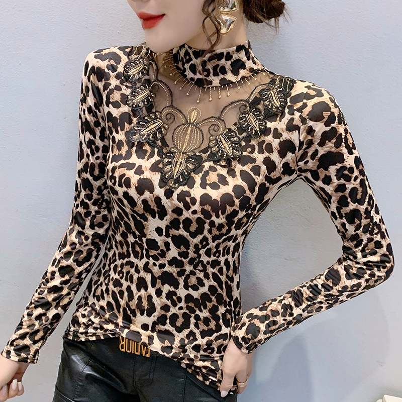 Autumn and Winter Leopard Print Base Shirt for Women, Half-High Collar, Mesh Embroidery, Long-Sleeved T-Shirt, Stylish, Slim-Fitting, Lace Inner Shirt Autumn and Winter Leopard Print Base Shirt for Women, Half-High Collar, Mesh Embroidery, Long-Sleeved T-Shirt, Stylish, Slim-Fitting, Lace Inner Shirt