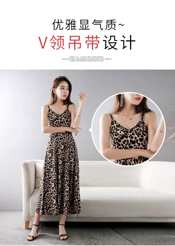 Đầm dự tiệc họa tiết da báo retro 2020 mùa xuân và mùa hè mới dành cho nữ cổ chữ V lệch đầu gối trên chiếc váy dài đến đầu gối gợi cảm - Váy eo cao