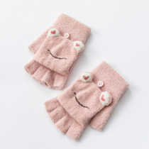 Hyaluronic acid moisturizing gloves female winter cute ins frog cartoon warm flip half finger gloves Winter female exposed finger
