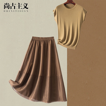 Shangguist 2022 Summer Dress New Womens Fashion Ice Silk Knit Blouse Temperament Suit Skirt Lady Half Skirt