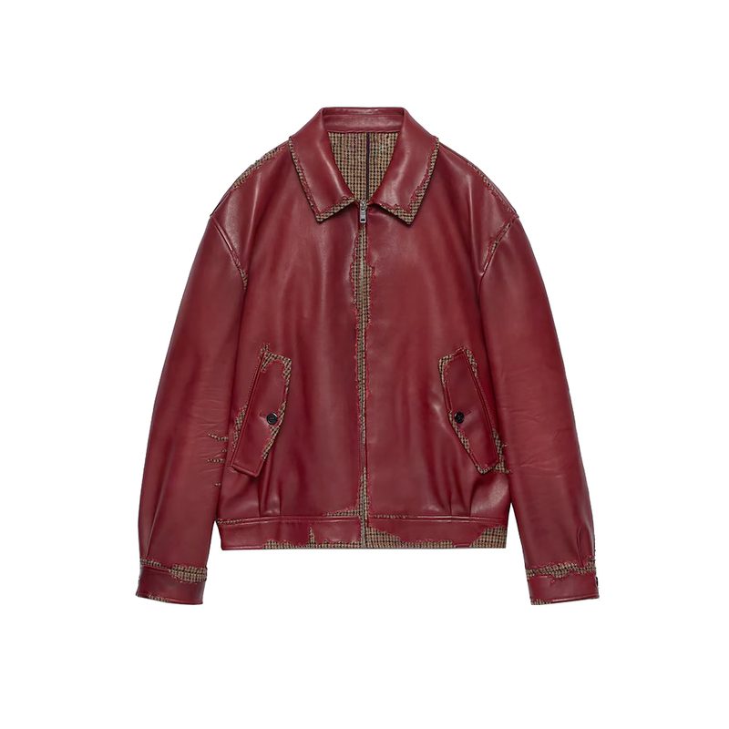 Trendmaybe Unlined Vegetable-Tanned Sheepskin Patchwork Houndstooth Pattern Handmade Distressed Leather Jacket Couple's Coat