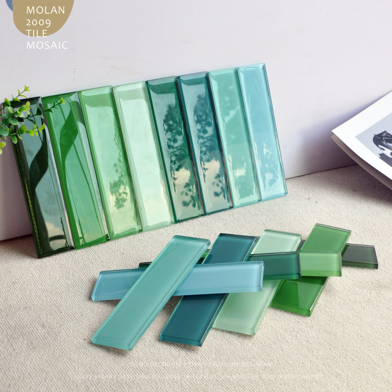 Export Green Glass Tiles, Long Strip Handmade Tiles, Fruit Milk Tea Dessert Shop Bar Counter Background Wall Tiles, Kitchen and Bathroom Tiles
