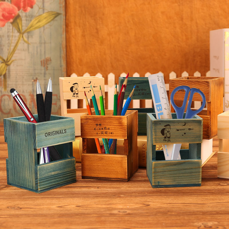 American Retro Wood Pen Holder Creative Light Lavish Table Wooden Makeup Brush Containing Box Nordic Pen Barrel Advanced Sensation